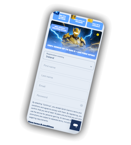 Spiidi Casino registreringsskjema pa en telefon med den gule opprett konto knappen